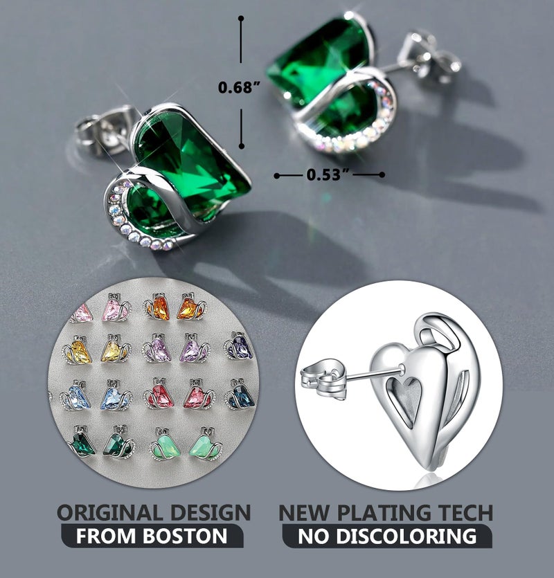 Leafael Infinity Love Heart Stud Earrings for Women, Valentine's Day Gifts for Mom, Wife, and Her, May Birthstone Crystal, Emerald Green, Silver Tone Fashion Statement Jewelry - Image 3